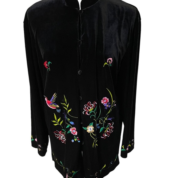Susan Graver Black Velour Embroidered Floral Button Up Tunic Medium - Picture 2 of 4